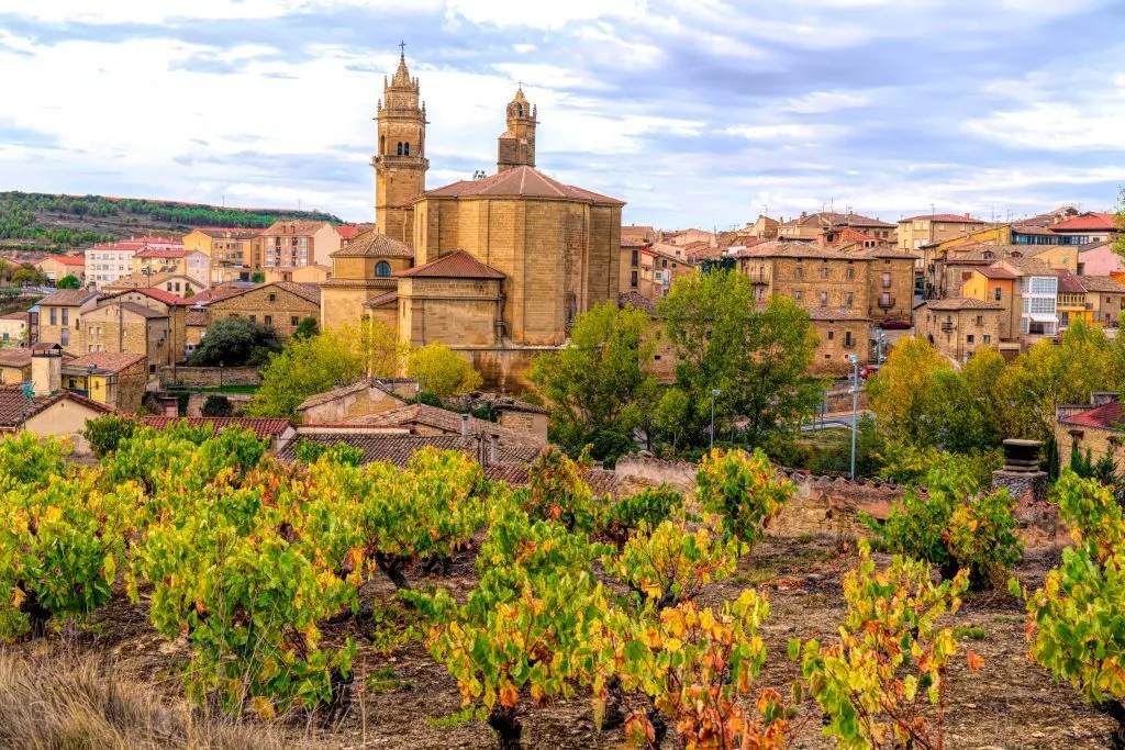 Elciego Spain view of vineyard and town in Alava Basque Country