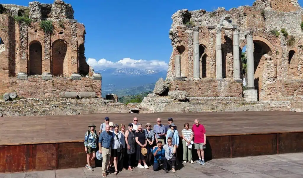 Secret Italia tour group at the Ancient Greek Theatre of Taormina, Sicily